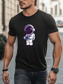 Camiseta de algodón negra para hombres con gráfico de astronauta - Manga corta casual. Cuello redondo. Lavable aáquina. para actividades y deportes al aire libre en verano. Ropa casual de verano, top casual de moda, camiseta de algodón cómoda - Negro - Ver 7