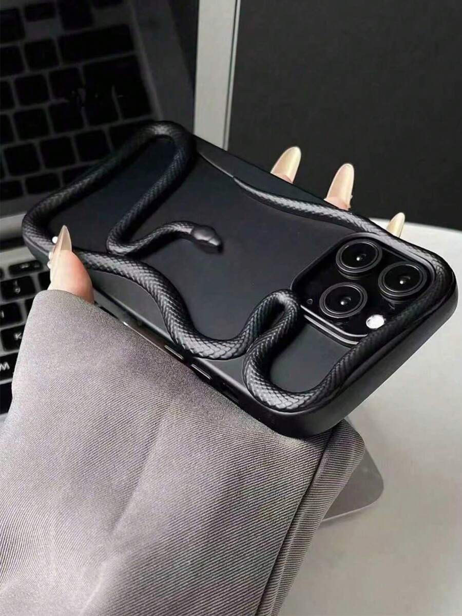 New Fashionable & Unique Hollow Electroplated Snake Design Phone Case, Compatible With Apple 11/12/13/14/15/16 Pro/Pro Max, 17/17 Pro/17 Pro Max, And Galaxy S22/23/24/25 Ultra, Full Body Protective Cover - Black Spray Paint - View 1