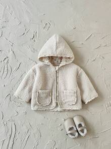 Baby Girl Plush Fleece Hooded Jacket With Ditsy Floral, Warm Winter Casual Outerwear - Apricot - View 10