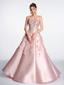 Romantic Luxury Elegant Light Pink Handmade Applique 3D Floral Beaded Sequin Halter Tie Formal Dress, Suitable For Formal Occasions And Wedding Events Such As Homecoming Party, Graduation Dance, Bridesmaid, High-End Gala, Engagement Party - Pink - View 7