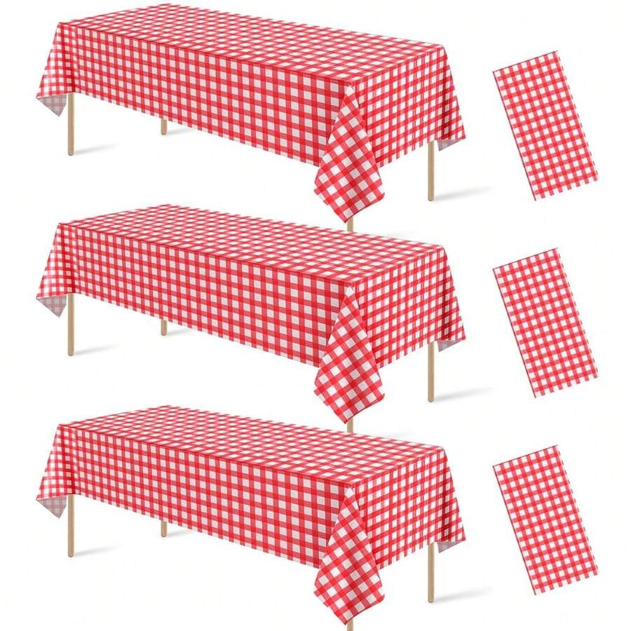 3Pcs Red And White Checkered Tablecloth Decorations, Disposable Plastic Red Gingham Tablecloth Buffalo Plaid Table Cover For Ba By Shower Bridal Wedding Birthday Party Supplies,54 X 108 Inch,RedandWhite - 紅與白 - 查看 1