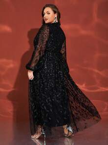 Plus Size Black Leaf Sequin Mesh Patchwork Deep V-Neck Lantern Sleeve Party Evening Dress - Black - View 6