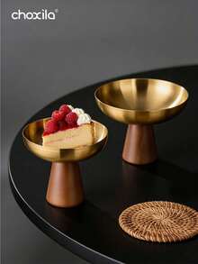 choxila 1pc Golden High Footed Stainless Steel Bowl With Wooden Bottom, Modern Style Dessert Cup, Plates, Candlestick, Dish, Food Tray For Ice Cream, Pudding, Candy, Home, Restaurant, Courtyard, Camping, Ramadan - Bowl - View 7