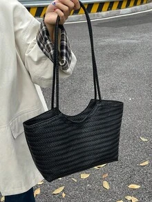 秋冬復古編織紋理壓紋單肩托特包，大容量女款手提購物包，百搭通勤包 - 黑色 - 查看 6