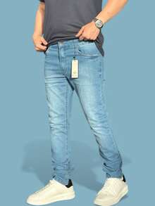 Men's Slim Fit Premium Denim Jeans With Elastane Lycra - 日光藍 - 查看 3