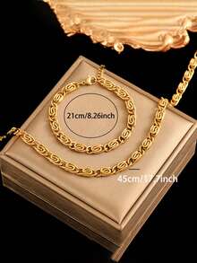 1 Set Fashionable Versatile Stainless Steel Chain Necklace + Bracelet Gold Color Jewelry Set, Suitable For Daily Wear And Gift - Yellow Gold - View 8