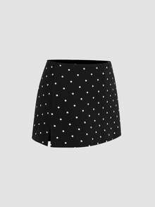 Women's Boat Neck Polka Dot Ruffle T-Shirt And Mini Skirt Shorts Set Black Summer - Black - View 8