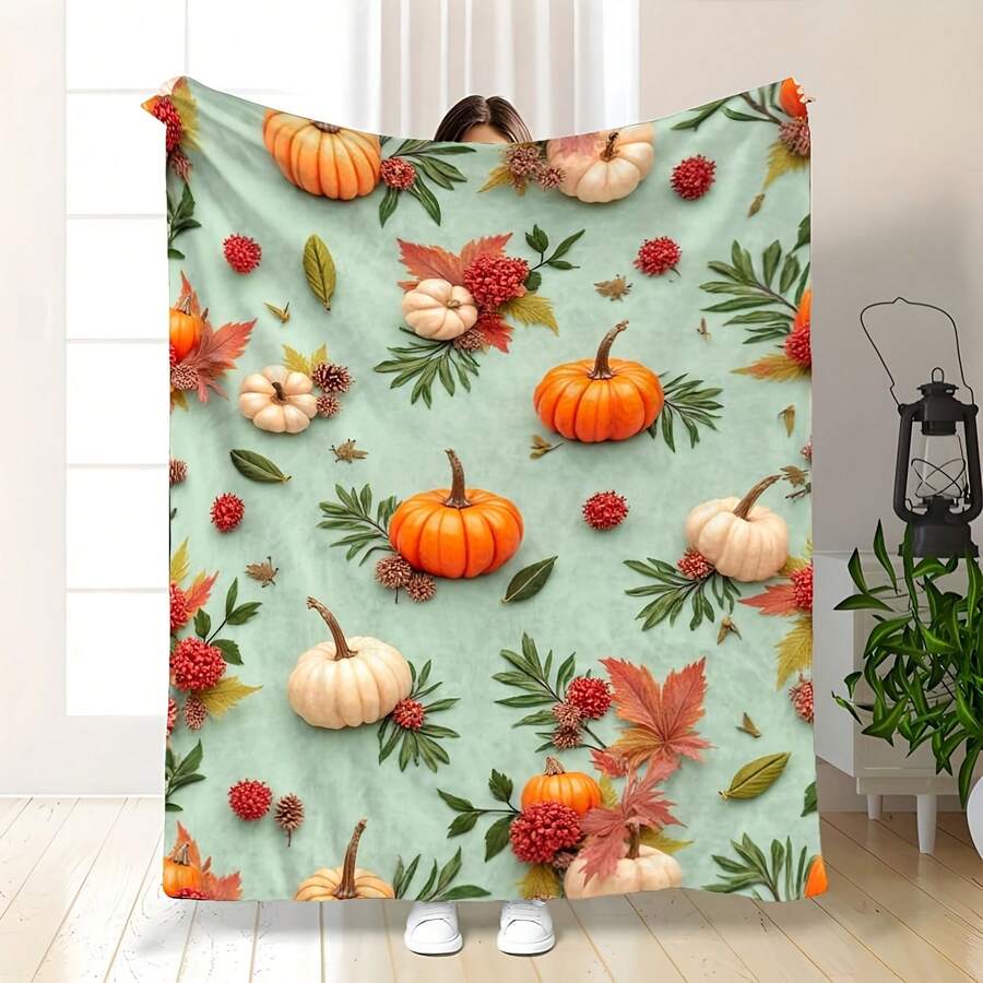 LocalCozy Autumn Maple Leaf & Pumpkin Print Throw Blanke~-Ca~ - Style 4 - View 1
