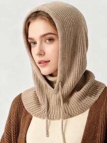 新品 | 二合一针织连帽围巾，冬季保暖加厚羊毛围巾，时尚百搭的脸部修饰配饰 - 卡其色 - 查看 1