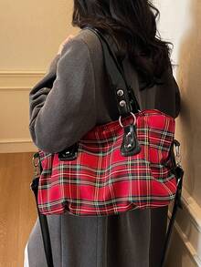 Plaid Tote Bag For Women, Large Capacity Commuter Handbag With Rhinestone Decor, Unique Shoulder Bag - Burgundy - View 8