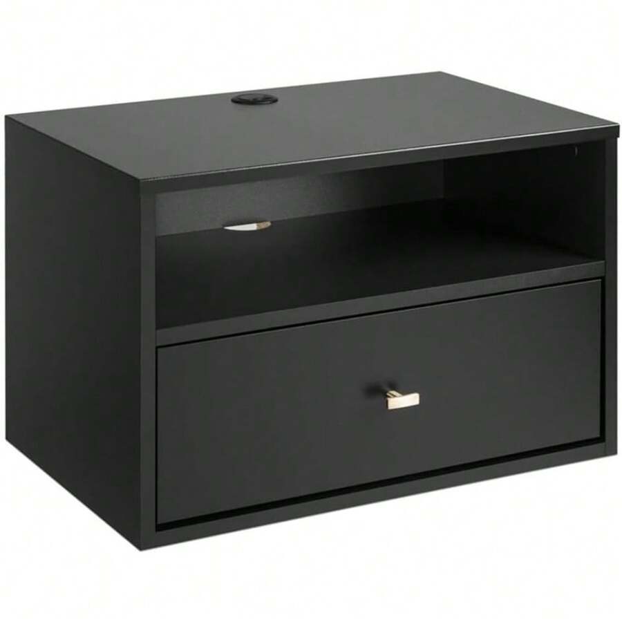 Transitional 1 Drawer Floating Nightstand With Open Shelf, Wall Mounted Nightstand, Contemporary Bedroom Furniture, 15"D X 22.5"W X 14.5"H, Black - 黑色 - 查看 1