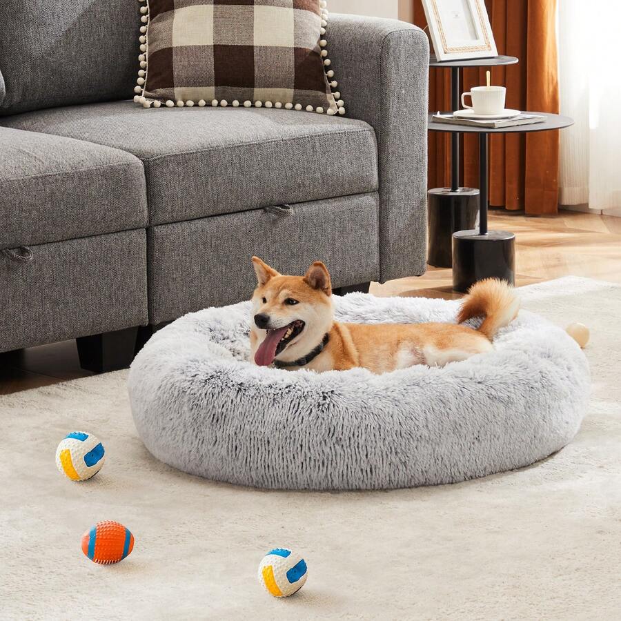 Donut Dog Bed, Medium Round Calming Cat Bed With Washable Waterproof Cushion, Anti-Anxiety & Anti-Slip Fluffy Cuddle Cozy Faux Fur Plush For Pet Puppy Indoor Sleeping - 灰色 - 查看 1