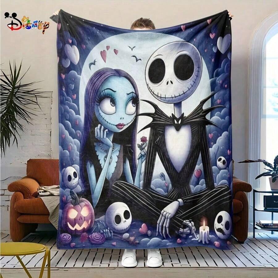 1pc Disney Halloween Flannel Blanket - Jack Skellington And Sally Pattern, Soft And Warm Small Shawl Suitable For Sofa, Bed, Camping, Office - Comfortable Gift For All Seasons, Halloween, Valentine's Day, Easter, Sofa - Phong cách - Xem 1