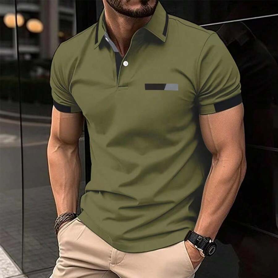 Men's Casual Business Top Short-Sleeve Polo Shirt With Buttons And Contrasting Collar - 綠色 - 查看 1
