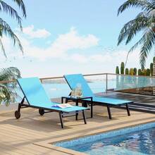 Juego de tumbonas para exterior, 3 piezas, con mesa auxiliar, tumbonas de tela para piscina con respaldo de 5 niveles y ruedas para playa, césped, porche, jardín y terraza, color azul - Azul - Ver 8