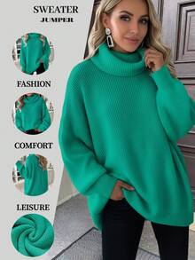 New Women's Casual Fashionable Minimalist Solid Color Knitted Turtleneck Sweater, Autumn/Winter - Teal Blue - View 8