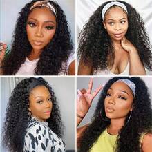 Jerry Curly Headband Human Hair Wigs 250% Density Water Wave Curly None Lace Front For Women Glueless Deep Wave Machine Made Wigs 22Inch - Natural Black - View 8