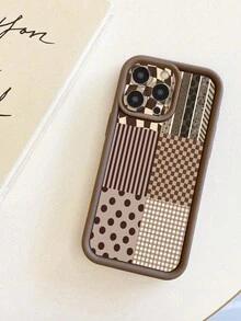 Splicing Plaid Painted Groove Brown Minimalist Anti-Drop Thick Phone Protective Case, Printed Suitable For IPhone 17/17 Pro Max, 16/16 Pro/16 Pro Max, 16 Plus, 15 XR/7/8, 15 Pro Max, 12 Pro Max, 13 Pro Max, 14 Pro Max, 13, 14, 11, 12, P14, P11, P12, Anti-Drop XS, XR/78P, 78GES2, Redmi, - Multicolor - View 2