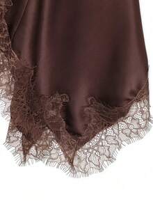 Seelio Summer New Arrival Women's Fashion Sexy Lace Trim Satin Patchwork Dress, European And American Style - Brown - View 9