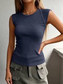 Women's Summer Clothes Tanktop Casual Ribbed Cap Sleeve Slim Fitted Knit Basic Cute Tops Tee Shirts Fashion Vacation Navy Blue Clothes Tops For Women - 藏蓝色 - 查看 5