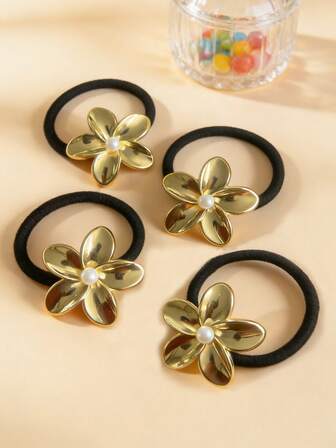 2/4個 女性用 メタル フェイクパール フラワー ヘアスクランチー セット、幾何学柄 エラスティック ヘアタイ、ヘアの多い人向け、エレガントなヴィンテージ 誕生日&特別な日のヘアアクセサリー、繊細なデザイン、ポニーテールホルダー、ヘアゴム、ヘアバンド
