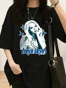 Fashion Women's Spring/Summer T-Shirt With "Freya Skye" Chin Rest Beauty Print And Related Character Design - Black - View 6