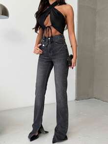 SQUALO Women's Wide Leg Color With Pocket Details Destroyed Retro Washed Street Style Jeans Ripped And Cutout Wide Leg Jeans - Dark Grey - View 4