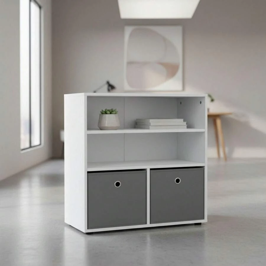 Ecommerc3 MOBLEKIT | Wooden Shelves For Storage And Decoration, Cube Or Rectangular Models With Door Or Drawer Options - 3-tier Bookshelf 60x30x60 cm White and Grey - View 1