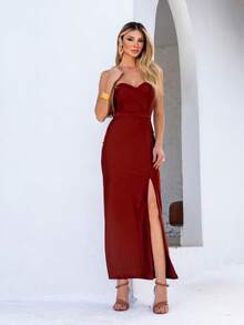 Strapless Maxi Dress With Slit, Trilobal Knit - Chocolate Brown - View 9