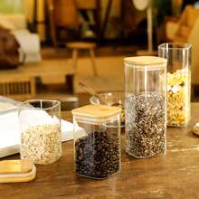 5/9/14/27/34OZ Square Glass Storage Jars Set, Stackable Kitchen Canisters With Airtight Bamboo Lids, Wide Mouth Clear Food Containers For Nuts Coffee Beans Spices Biscuits, Ideal Holiday Gift - Nhiều màu - Xem 7