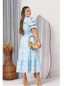 Women's Midi Dress In 3D Lace Fabric With Elastic At The Back, Button Closure At The Front, And Lining. - Blue/white 3d - View 2