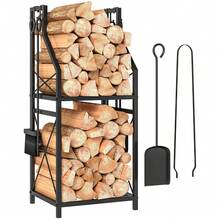 Outsunny Estante de Leña Metálico de Chimenea, Soporte para Leña de 2 Niveles, Leñero Exterior con 4 Herramientas, Ganchos y Base Elevada, para Interior y Exterior, 34x30x80 cm, Negro - Negro - Ver 2