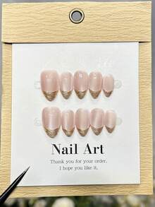 Conjunto de 10 adesivos de unhas artesanais, unhas em formato amendoado, comprimento curto, unhas rosa minimalistas, unhas francesas com detalhes dourados, unhas olho de gato brilhantes, unhas elegantes de outono feitas à mão, adesivos de unhas para o outono, unhas de Ano Novo, unhas de festa estilo anos 2000, unhas para encontros casuais, unhas para férias na praia, faça você mesma suas unhas postiças, ideal para presentear mulheres e meninas. - Rosa - Ver 8