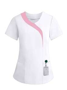 Blusa informal de manga corta con bolsillo y contraste de color para mujer, blanca, primavera - Blanco - Ver 1