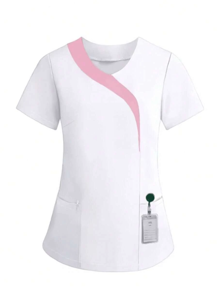 Blusa informal de manga corta con bolsillo y contraste de color para mujer, blanca, primavera - Blanco - Ver 1
