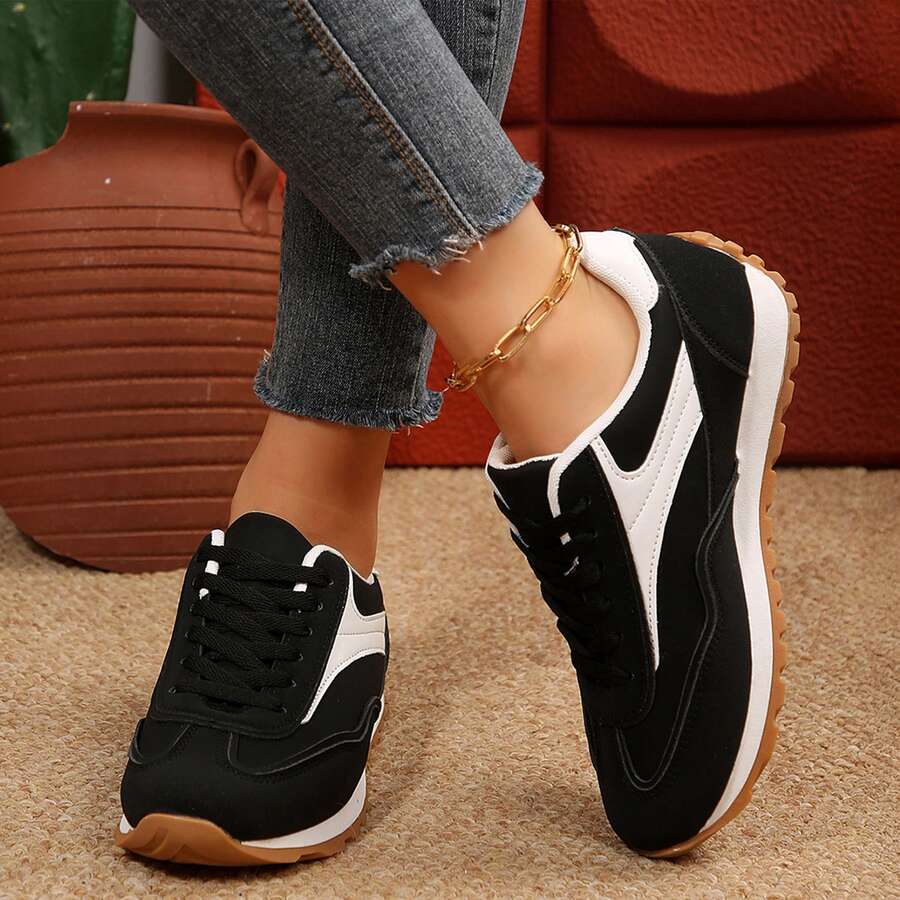 Spring Fall Outdoor Office Work Sport Tennis Shoes Women Sneakers Low Top Comfortable Casual Running Breathable Classic Walking Trainers Chunky Shoes Sneakers Shoes - 黑色 - 查看 1