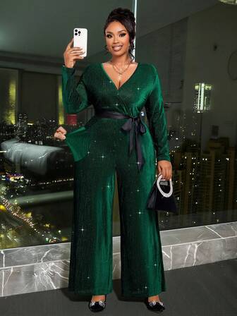 BIUBIU Mono de terciopelo con lentejuelas de cuello en V profundo de manga larga y alta elasticidad en color verde sólido para mujer de talla grande, un must fashion para citas, fiestas, adecuado para uso casual, business casual, oficina, uniforme de trabajo, otoño/invierno, Halloween, Navidad, Año Nuevo