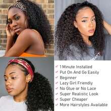 Jerry Curly Headband Human Hair Wigs 250% Density Water Wave Curly None Lace Front For Women Glueless Deep Wave Machine Made Wigs 22Inch - Natural Black - View 11