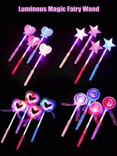 创意可爱LED发光仙女棒，新款法式多巴胺荧光色系列精致镂空蕾丝五角星，心形棒棒糖蝴蝶结设计，星光音乐节青少年手持应援魔杖气氛道具，适用于广告、酒店、音乐会、宴会、派对活动、应援和装饰，趣味礼物