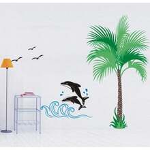Removable Vinyl Art Wall Decals Mural for Nursery Room, Dolphin and Coconut Tree(default) - Multicolor - Ver 2