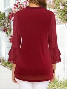 CheersLife Blusa casual/formal para mujer, manga 3/4 acampanada, camisa de malla de doble capa con cuello en V, primavera - Burdeos - Ver 6