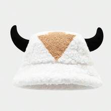 Sombrero de pescador de lana para mujer, con decoración 3D de cuerno de toro, ligero y cálido, para invierno - Negro - Ver 6