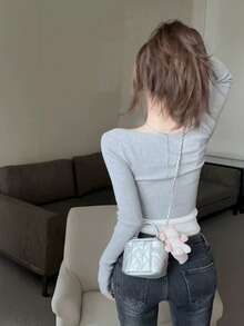 性感露脐U领针织吊带背心，系带设计，情人节及秋冬季叠穿打底衫 - 淺灰色 - 查看 6