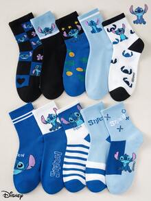 Disney 1/5/10 pares de calcetines de dibujos animados, con patrones gráficos con temática de Lilo y Stitch, diseño de dibujos animados lindos, adecuados para uso diario, impresos con el logotipo de "Stitch". Proporciona comodidad durante todo el día y una buena elasticidad. - Multicolor - Ver 18