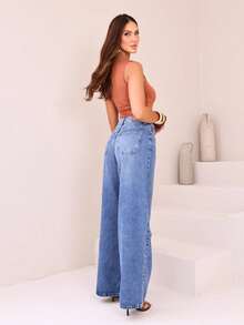 Manon Store Women's High-Waisted Wide-Leg Jeans, Medium Wash, Vintage Style, With Pockets, Zipper, And Button Closure, Everyday Wear - 中等水洗藍 - 查看 6