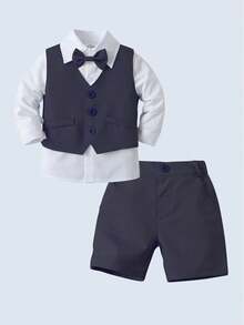男童绅士套装，包括领结、长袖衬衫、马甲和短裤，时尚有型，适合生日派对、婚礼、宴会等场合。 - 藏蓝色 - 查看 3