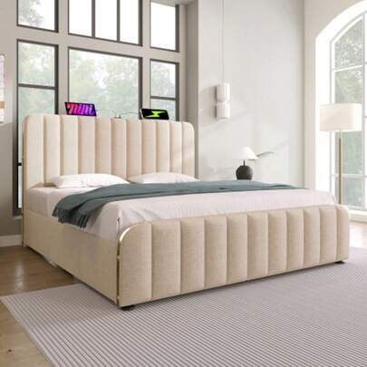 Polsterbett Doubles, Gepolstertes Kopfteil Mit Goldenen Zierstreifen Und,USB Typ-C Ladefunktion 140*200 Cm, Beige Leinen-Material Hydraulisches Lagerbett,Belastbarkeit 181 Kg (Ohne Matratze)