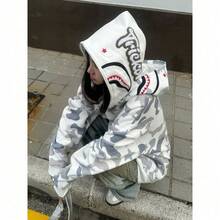 Grey Camouflage Shark Hooded Cardigan Sweater Autumn And Winter Men's And Women's Sports Casual Jacket - 灰色 - 查看 8