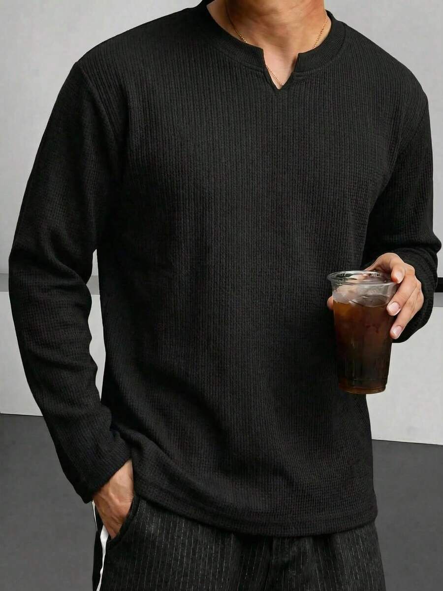 1 Peça Suéter de Tricô Canelado com Decote em V para Homens, Camiseta de Manga Longa, Tecido de Malha, Sem Bolinhas, Sem Deformação, Estilo Casual, Estilo Retrô Old Money, Design de Gola Polo Henry com Decote em V, Design Minimalista com Detalhes Ocultos