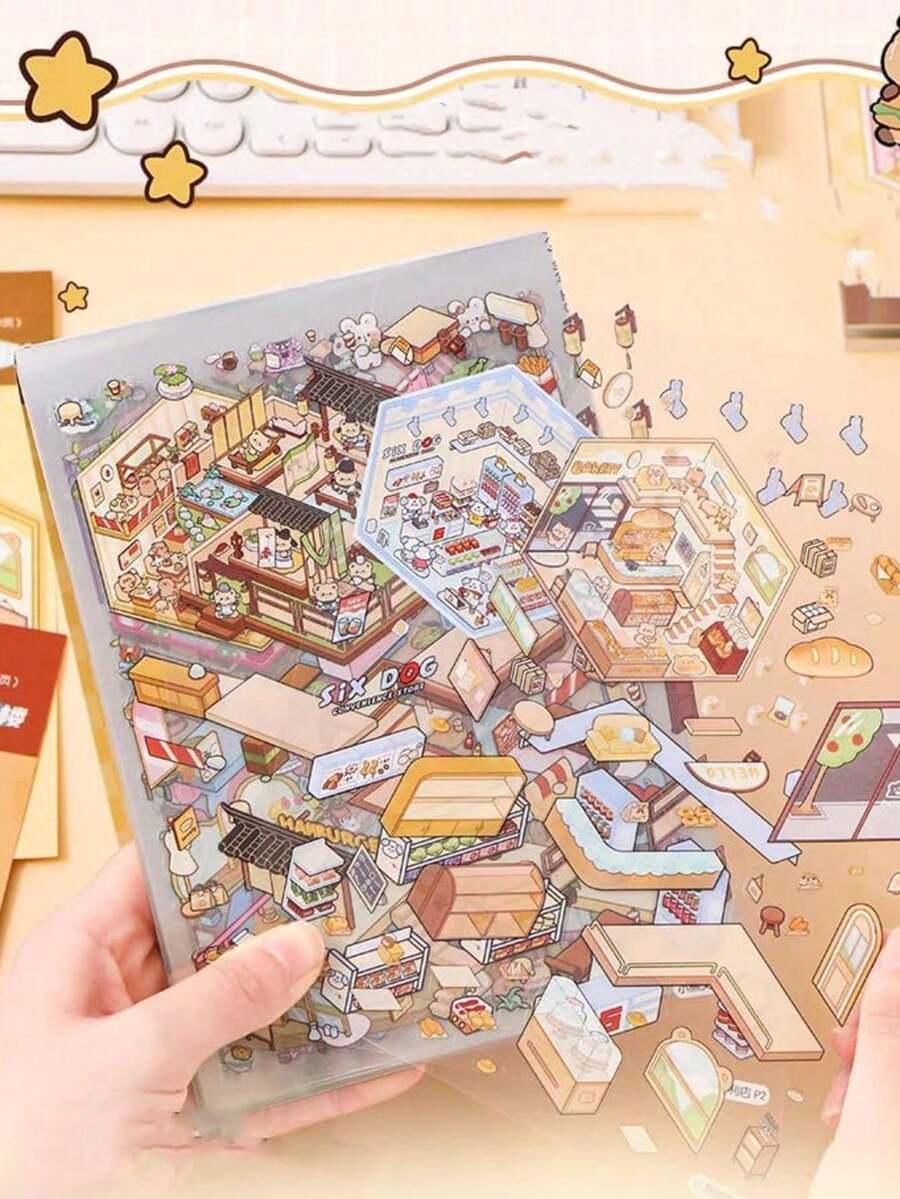 这款3D DIY场景贴纸套装包含20个场景和30张贴纸，卡通设计，可重复使用，自带背胶，并附赠2个方便使用的镊子。非常适合用于休息区、茶馆和派对装饰。派对装饰 | 趣味设计 | 耐用贴纸 | 贴纸装饰